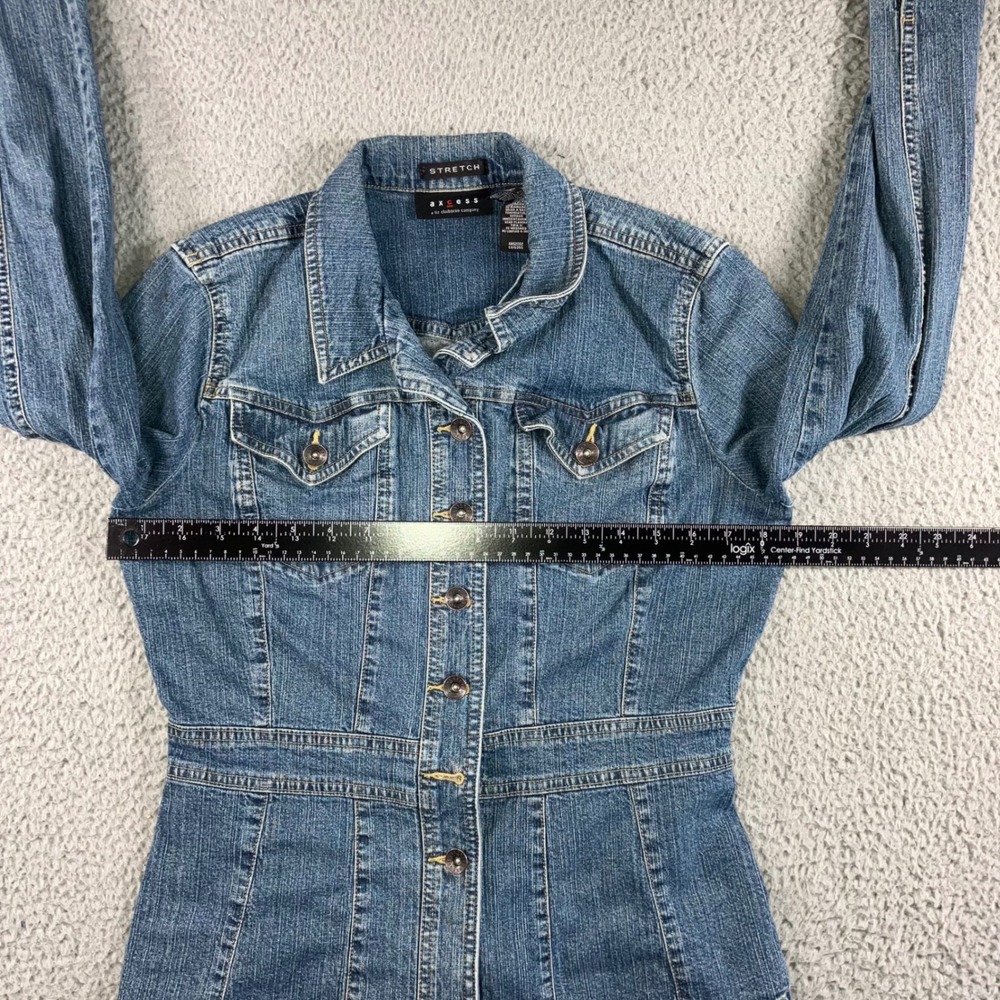 Axcess Denim Jacket Women Medium Blue Stretch Tailored Button Up y2k Peplum Hem - Picture 6 of 10